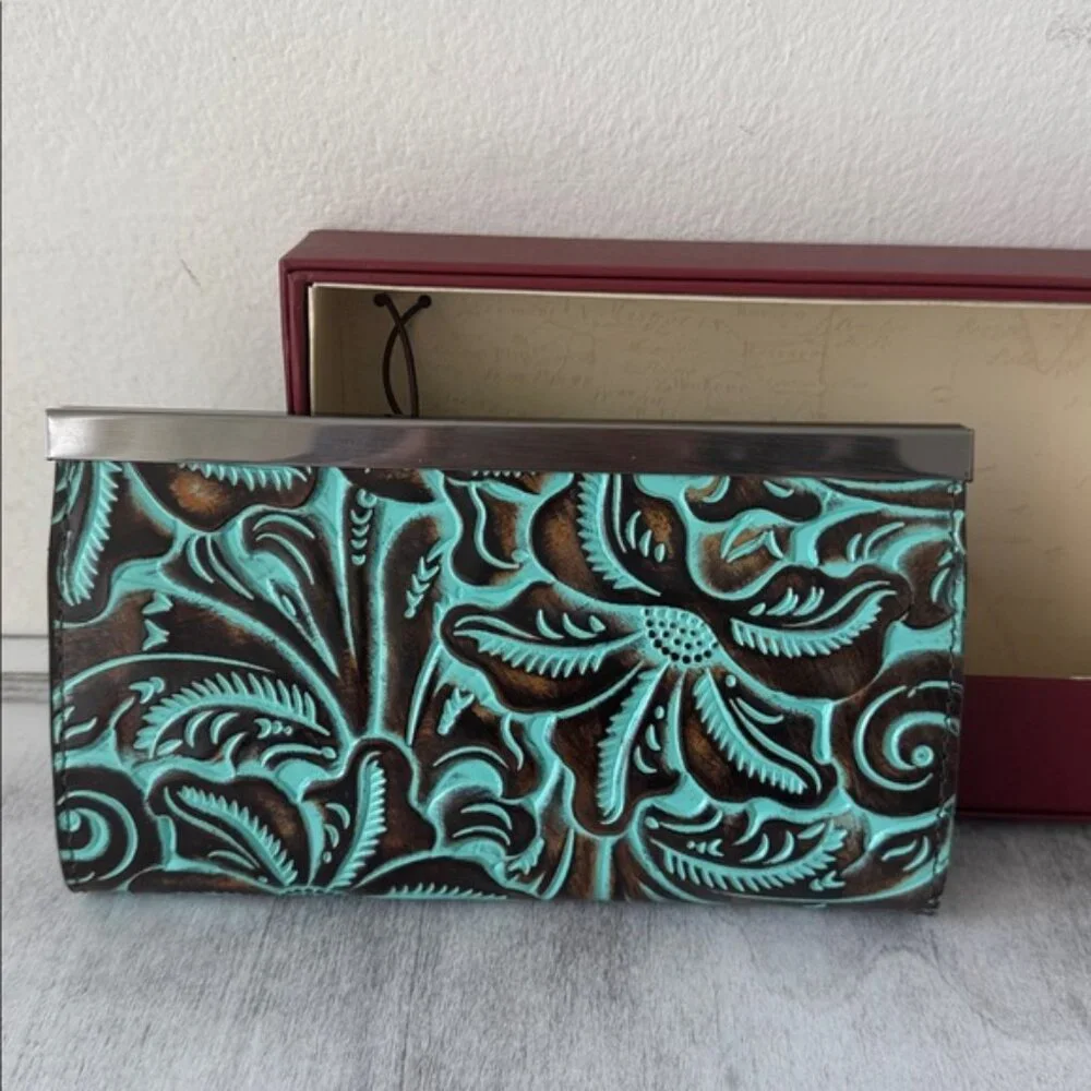 Patricia Nash Wallet Leather Framed Turquoise Cauchy Tooled In Gift Box